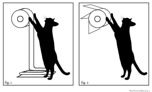 This meme features a cat attempting to use a toilet paper roll, but instead of unrolling it, the cat is trying to put it back on the holder. The text "fig. 1" appears in the top left corner of the image, indicating that it is the first image in a series. The image is likely meant to be humorous, poking fun at the cat's lack of understanding of how to use toilet paper.